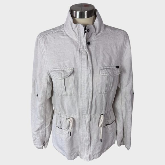 Max Jeans Small Linen Rayon Oatmeal Beige Full Zip Cinch Waist Jacket - Picture 1 of 8